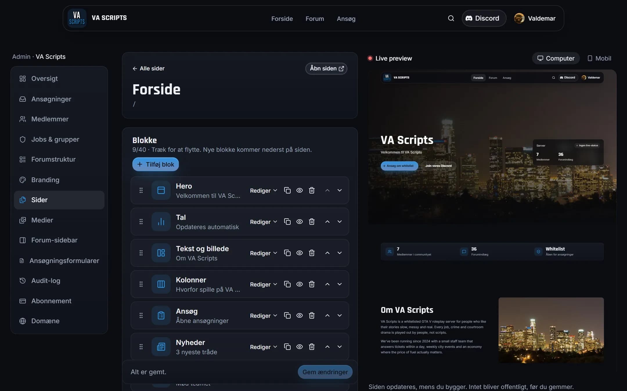 Sidebyggeren i adminpanelet: siden bygges af blokke med varianter for navbar og hero og en live preview ved siden af.